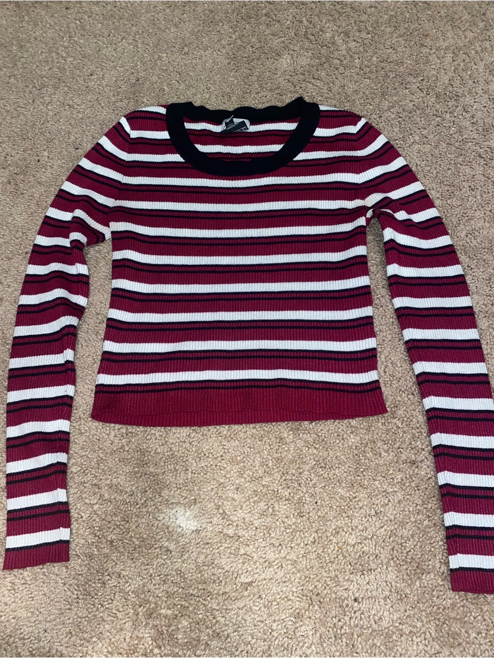 Striped Long Sleeve Ribbed Tee - Burgundy, Black & White